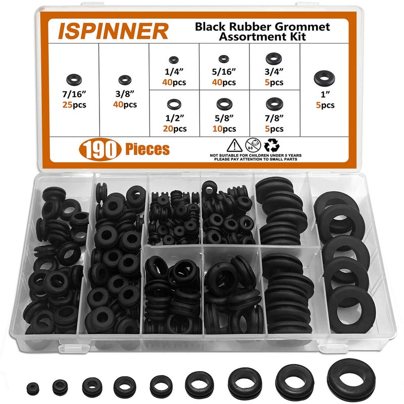 ISPINNER 190pcs Rubber Grommet Assortment Kit, 9 Sizes Eyelet Ring Gasket 1/4" 5/16" 3/8" 7/16" 1/2" 5/8" 3/4" 7/8" 1" (Black) - Image 1